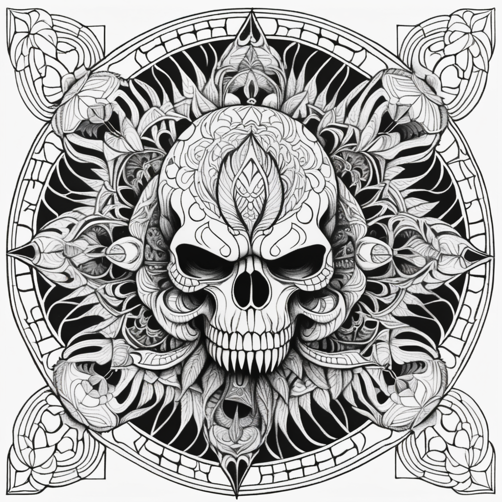 adult coloring book, black & white, clear lines, detailed, symmetrical mandala made of monster skulls
