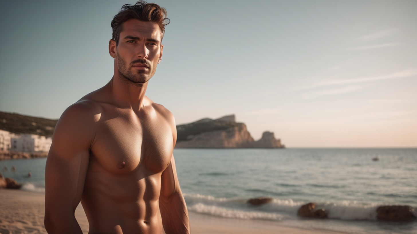 Chill-out, ibiza, beach, a super realistic handsome man, without shirt. The lighting in the photo should be dramatic. Sharp focus. A ultrarealistic perfect example of cinematic shot. Use muted colors to add to the scene