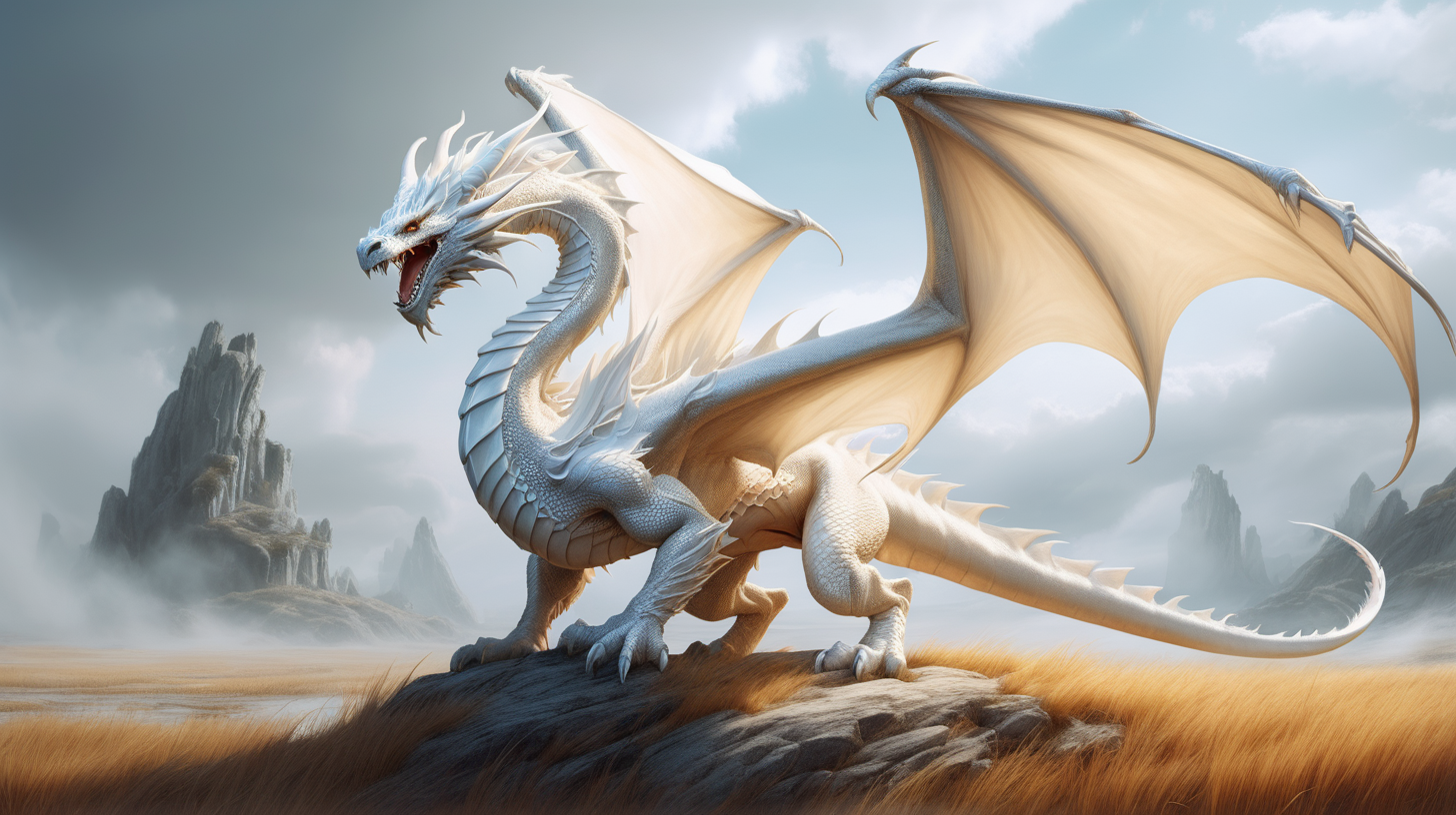 Draw Stunning fantasy Dragon white pose in the