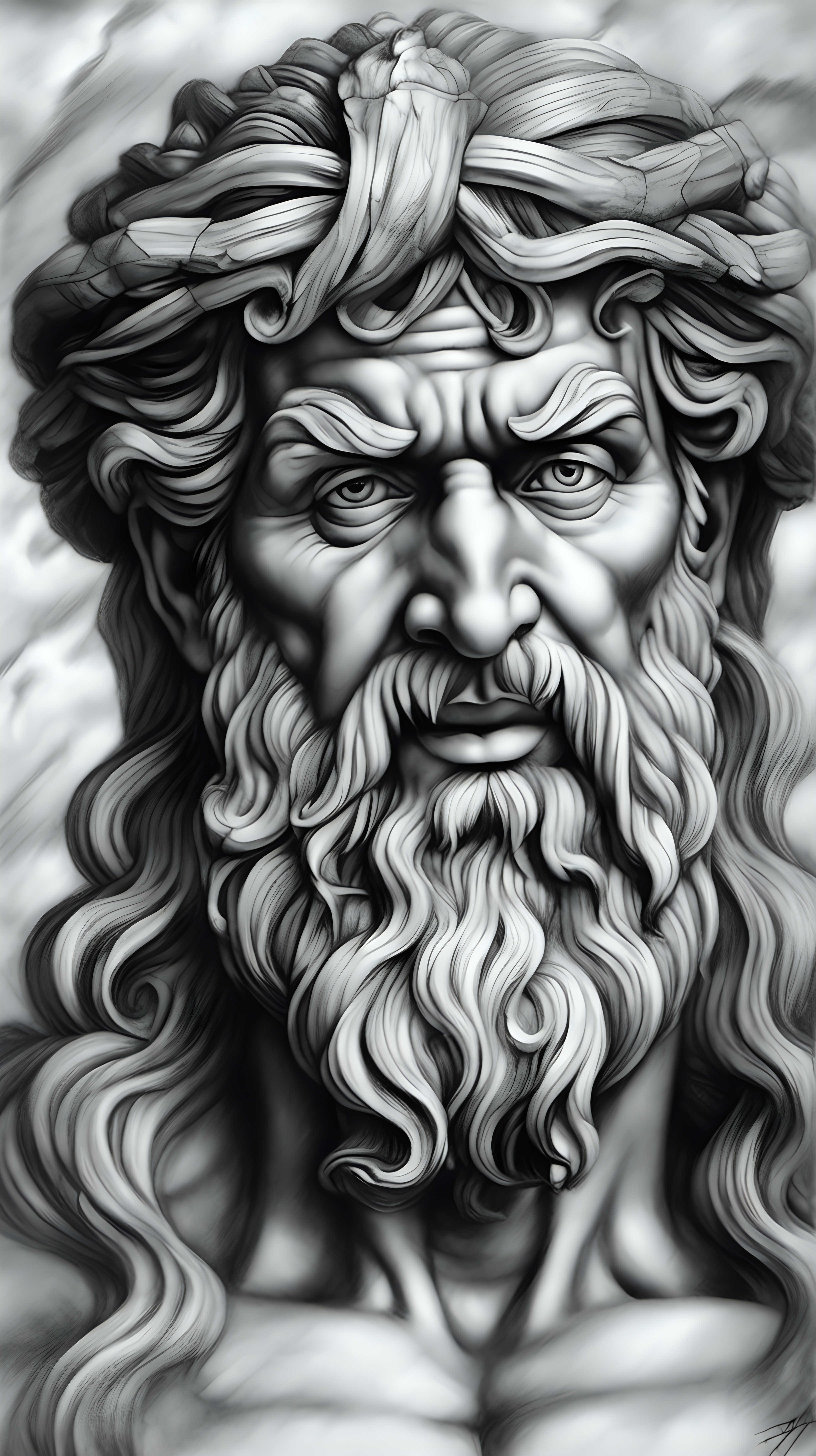 /imagine prompt : a hyper realistic black and gray Michelangelo drawing, feauteringr gods, gods & goddesses greek mytology
[face portrait]
-no cut
<background>thunder and lightning
<style>pencil drawing
_ar 9:16