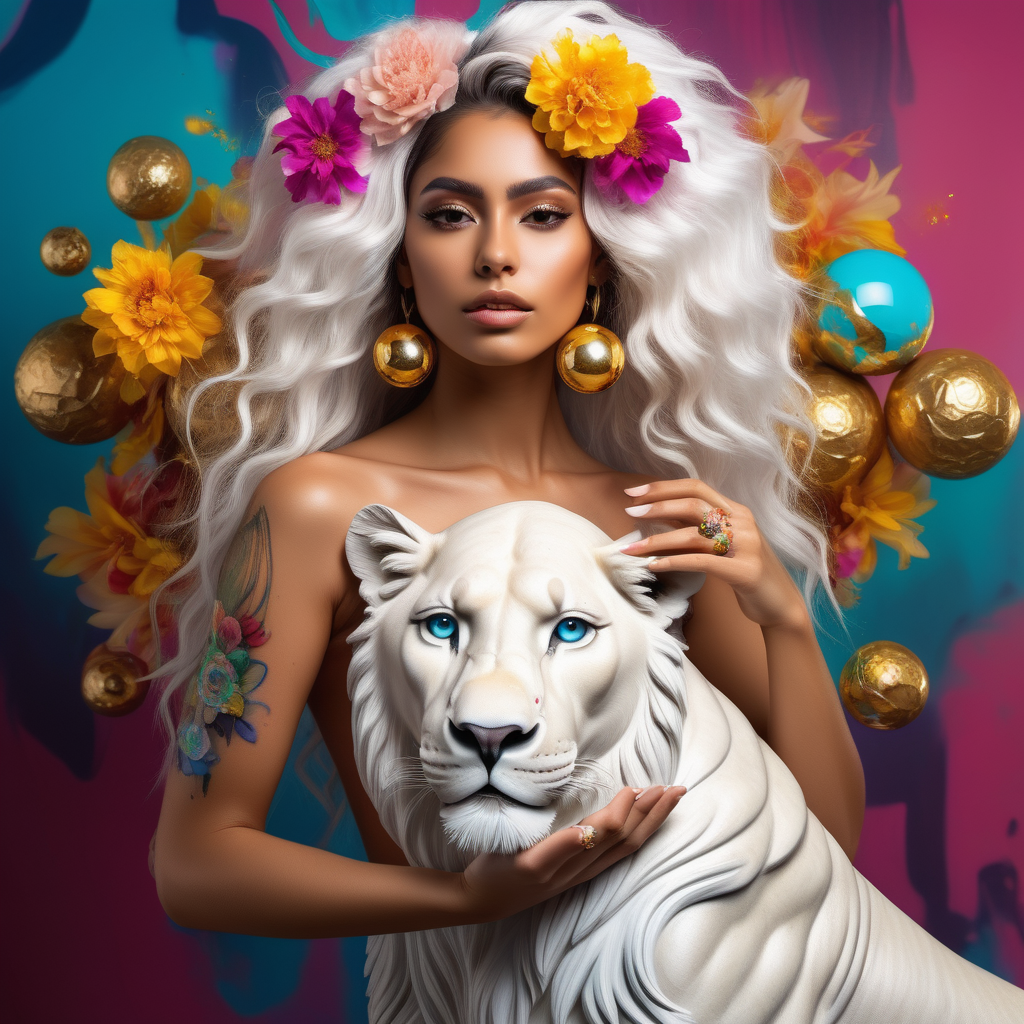  abstract exotic latina Model with soft colorful flowers the colors leak into her hair.
add She is holding a toy top in gold
she is looking at real white
lion
5 crystal balls floating in the air
add tattoos on her arms and shoulder