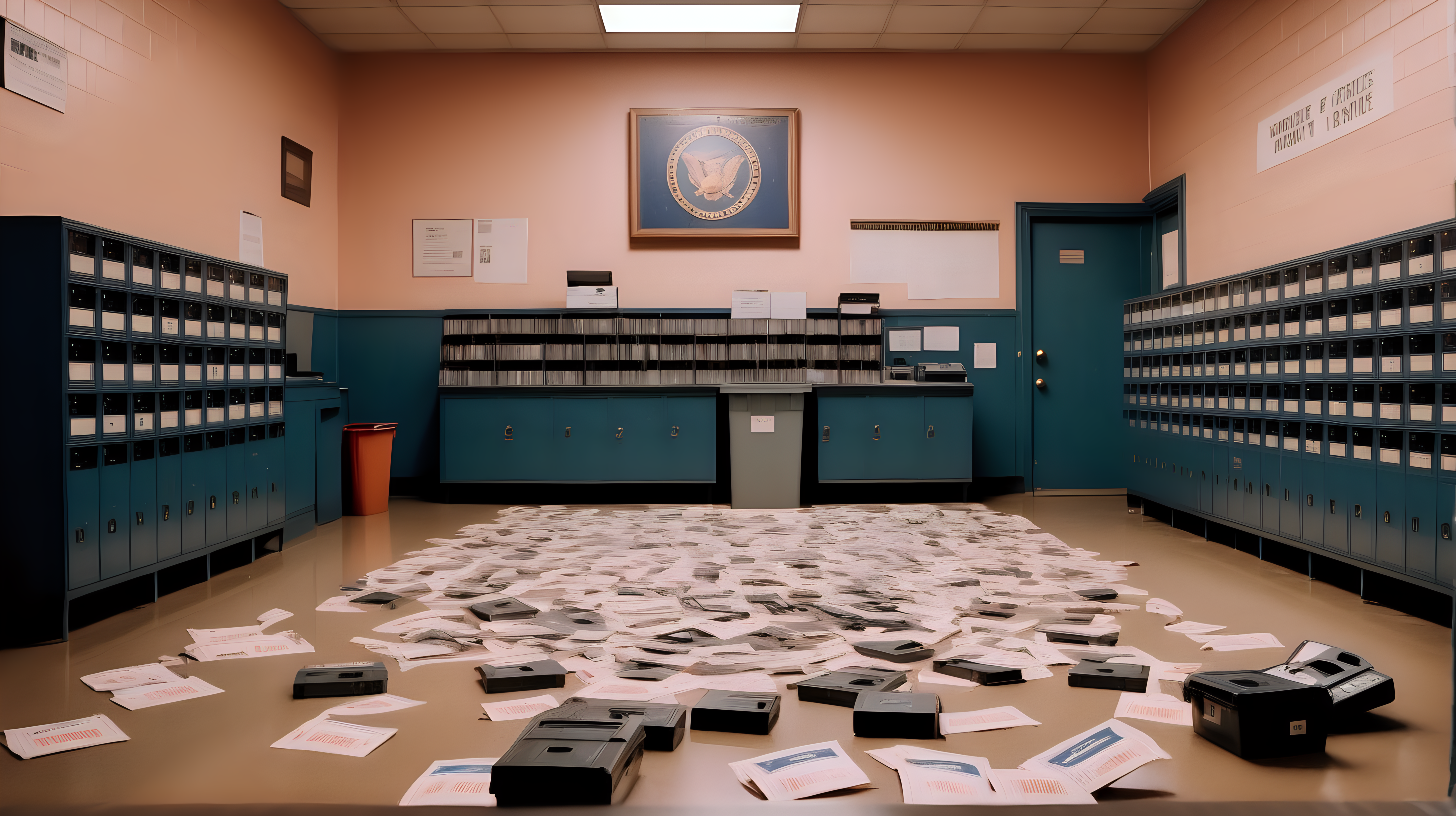high quality photograph of an old United States Postal Service  post office with a bin of video tapes on the floor in the style of a wes anderson movie
