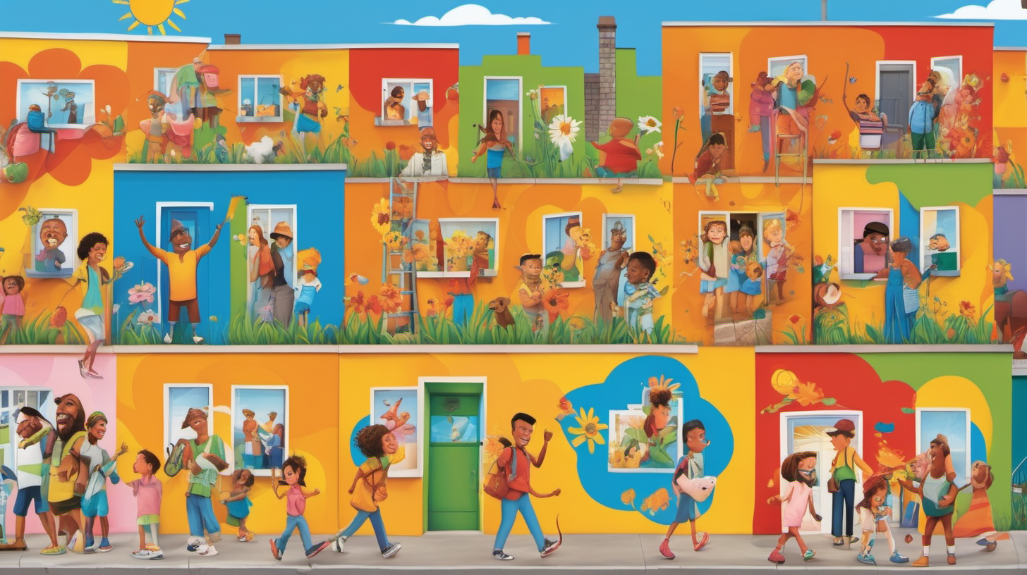 10 cartoon people including kids, men and women looking happy in the town filled with the murals on the walls of houses. murals include colorful images of sun, flowers and animals smiling.