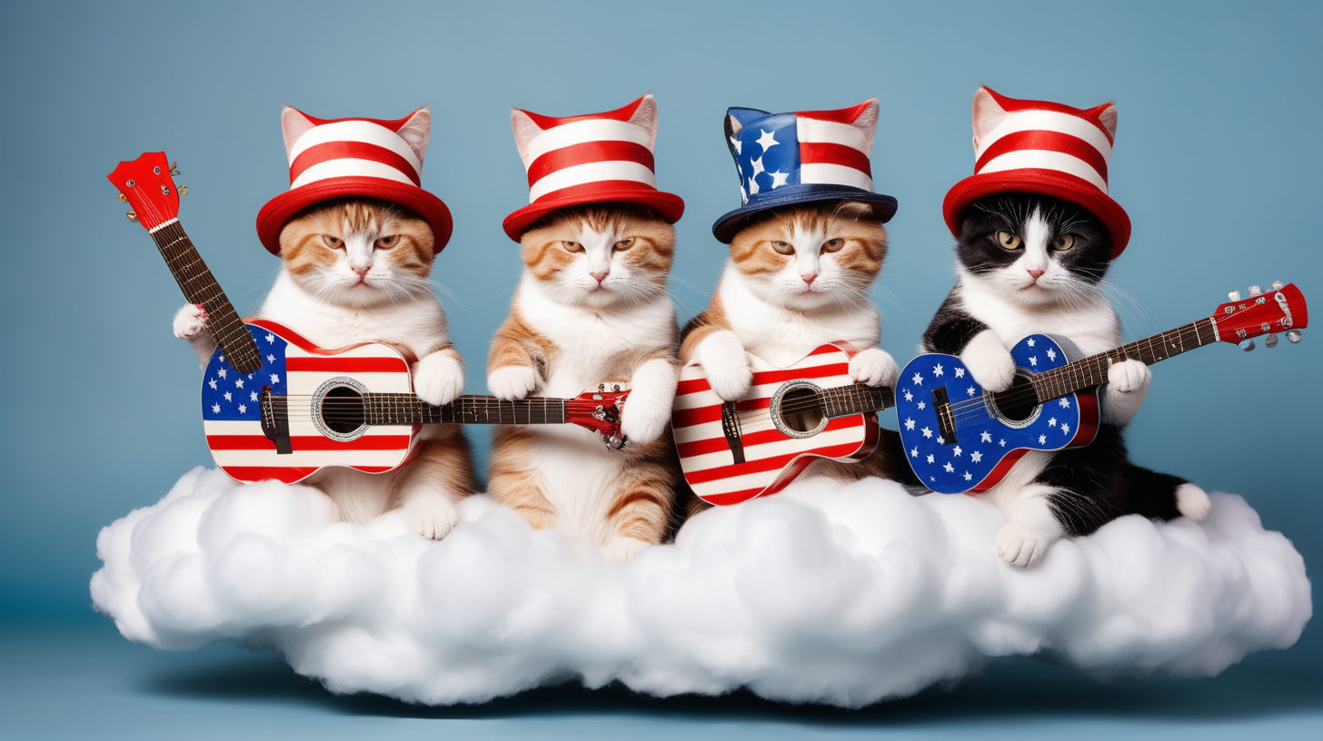 3 cats in hats playing stars and stripes guitars sitting on a cloud
