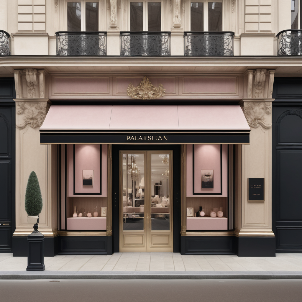 A hyperrealistic image of a palatial modern Parisian boutique viewed from the street in a beige oak brass colour palette with accents of black and dusty rose, 
