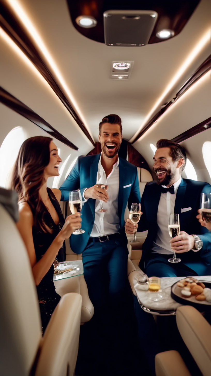 handsome man laughing in his private jet with his friends cheersing  champagne together 4k