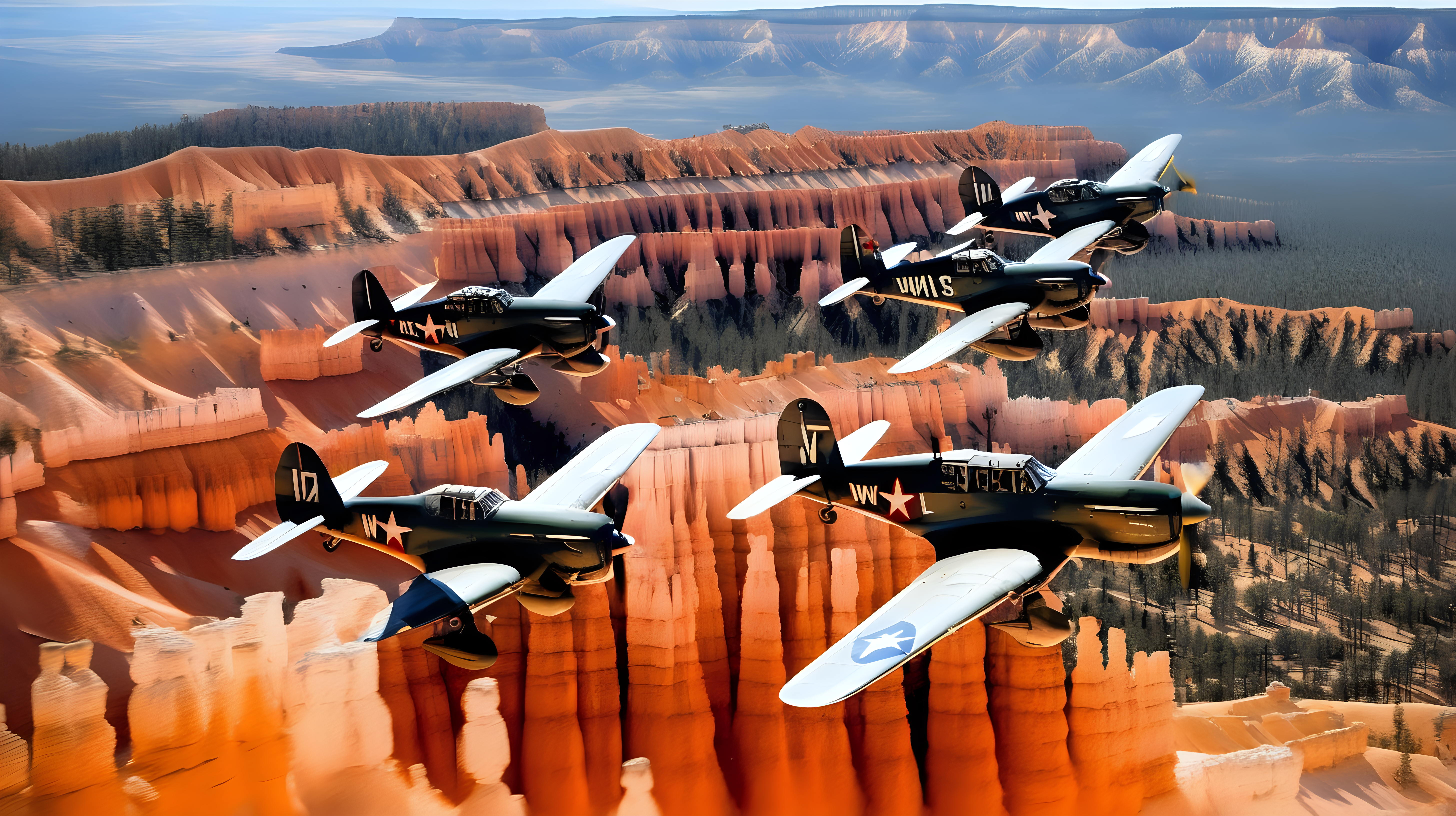 Squadron of WW2 planes flying over Bryce Canyon