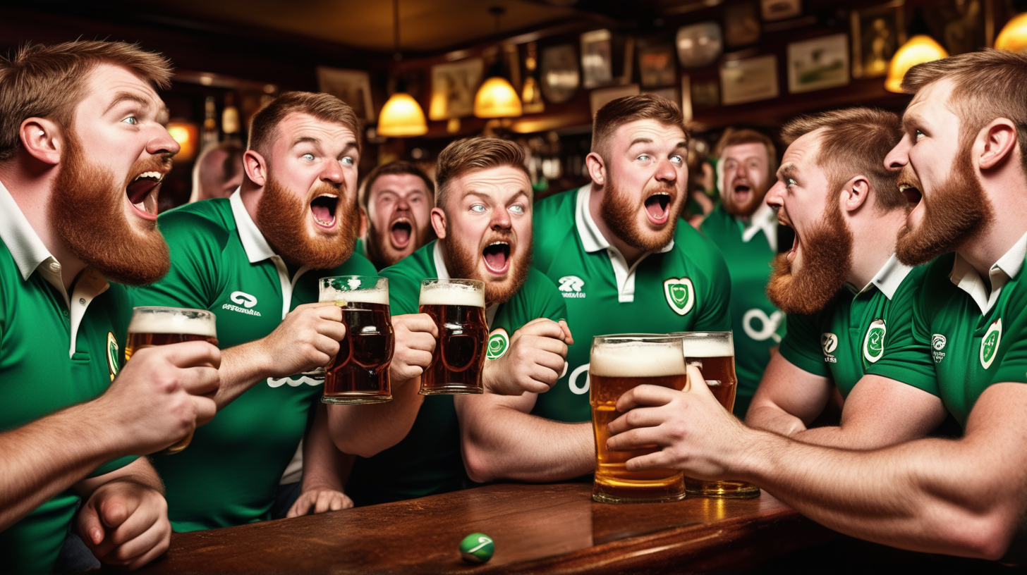 classic irish pub scene with rowdy people drinking beer watching rugby match



