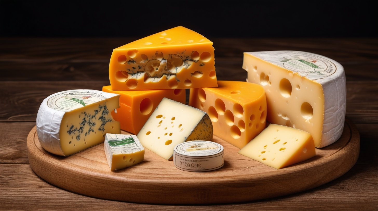 cheese shop, type of cheese, circles, halves, quaters of cheese on wooden table, isolated on background