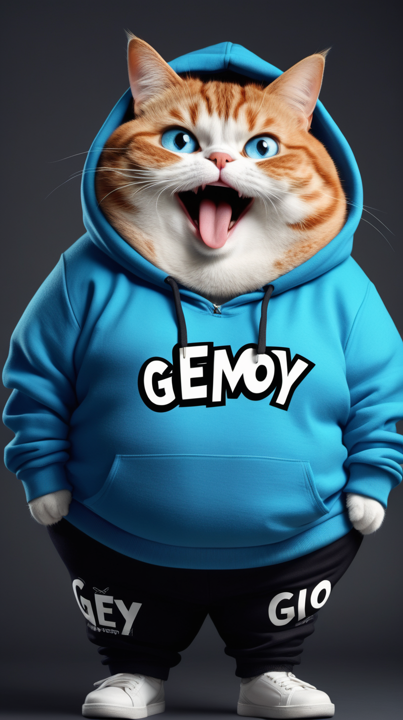 Fat Cat, bulging eyes, funny face, laughing, wearing a blue and black hoodie with Gemoy written on it, black pants,