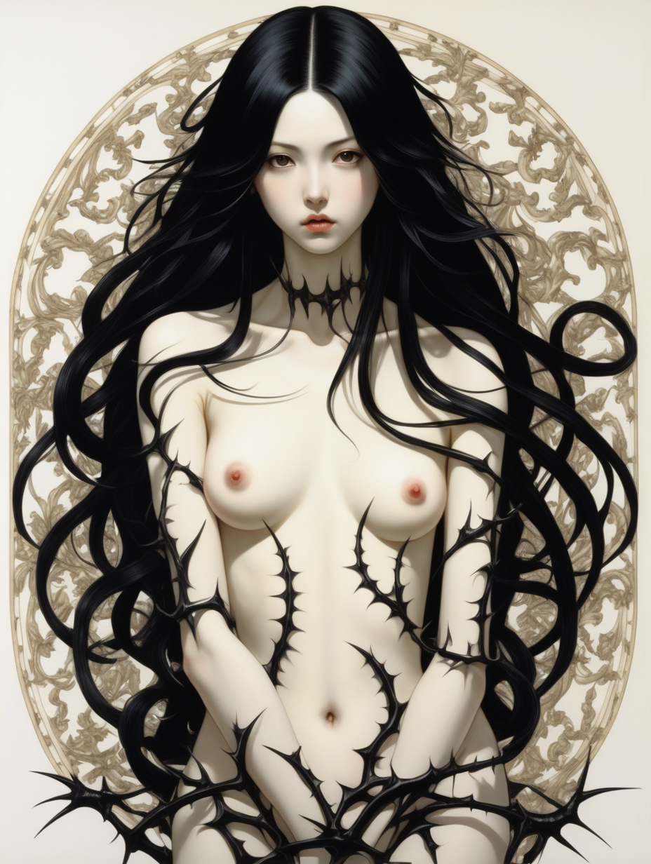 Chica desnuda delgada palida, pelo largo y negro. Hay espinas atravesandola, motivos barrocos, al estilo de Kentaro Miura 