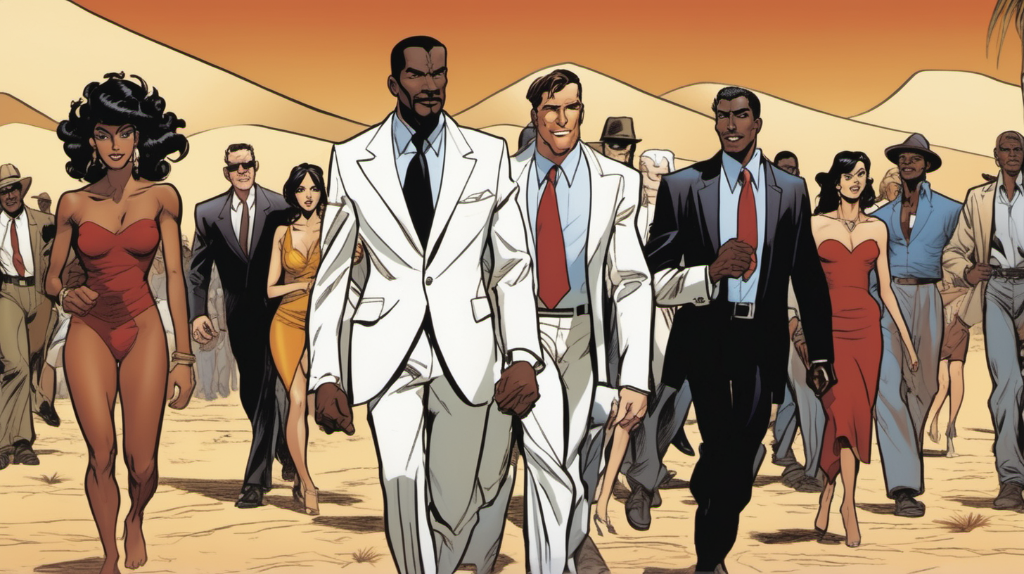 two black & spanish men with a smile leading a group of gorgeous and ethereal white,spanish, & black mixed men & women with earthy skin, walking in a desert with his colleagues, in full American suit, followed by a group of people in the art style of bruce timm comic book drawing, illustration, rule of thirds