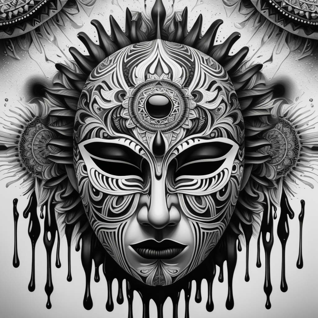 black & white, high details, symmetrical mandala, strong lines, frowning face mask that is melting, dripping