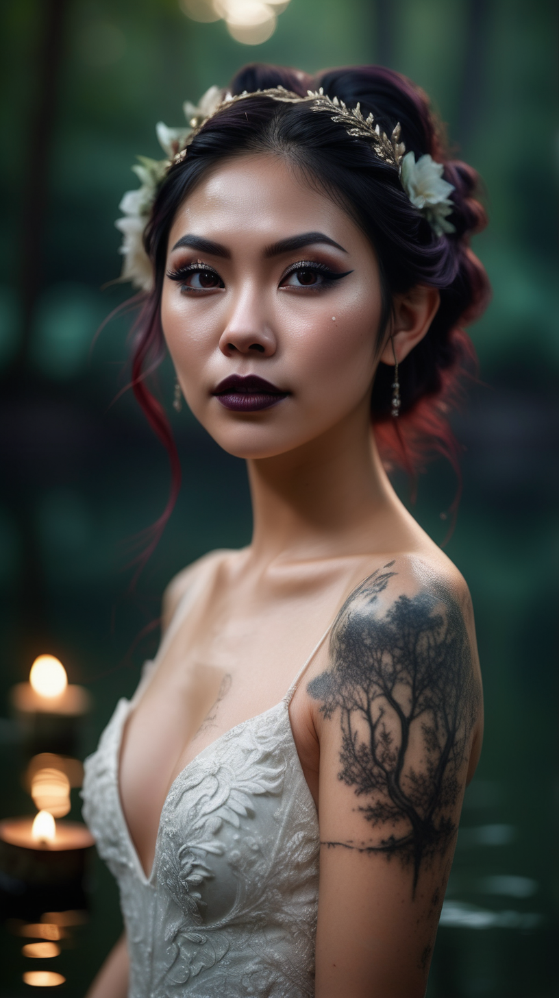 Beautiful Vietnamese woman, with pointy elf ears, body tattoos, dark eye shadow, dark lipstick, hair in a messy updo, wearing a gorgeous wedding dress, bokeh background, soft light on face, swiming waist deep in a lake in front of elaborate candlelit forest wedding, photorealistic, very high detail,  extra wide photo