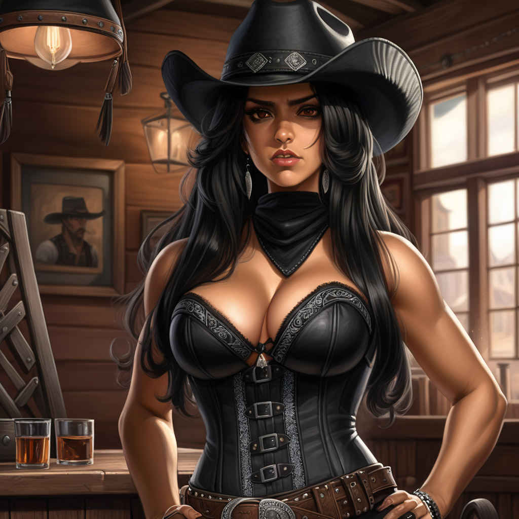 black cowboy hat, black hair, long hair, brown eyes, Latina, female, western, black corset, black bandolier, mature, black bandana around neck, semi realism, Evil, angry, in saloon