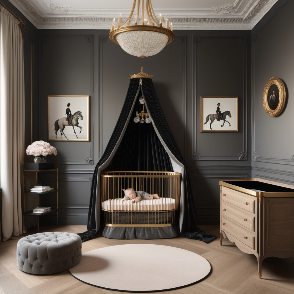 hyperrealistic image of an equestrian-inspired modern Parisian large nursery with an 'Aristot velvet button bassinet'; wall panelling; beige, oak, brass and dark-grey colour palette