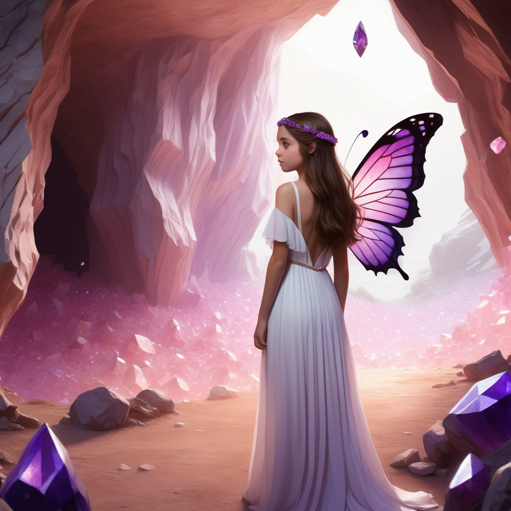 A teenage girl with long brown hair stands in front of a cave with large pink and purple crystals on the walls—She's wearing a white flowy dress. She has a butterfly on her shoulder. Show her back. 