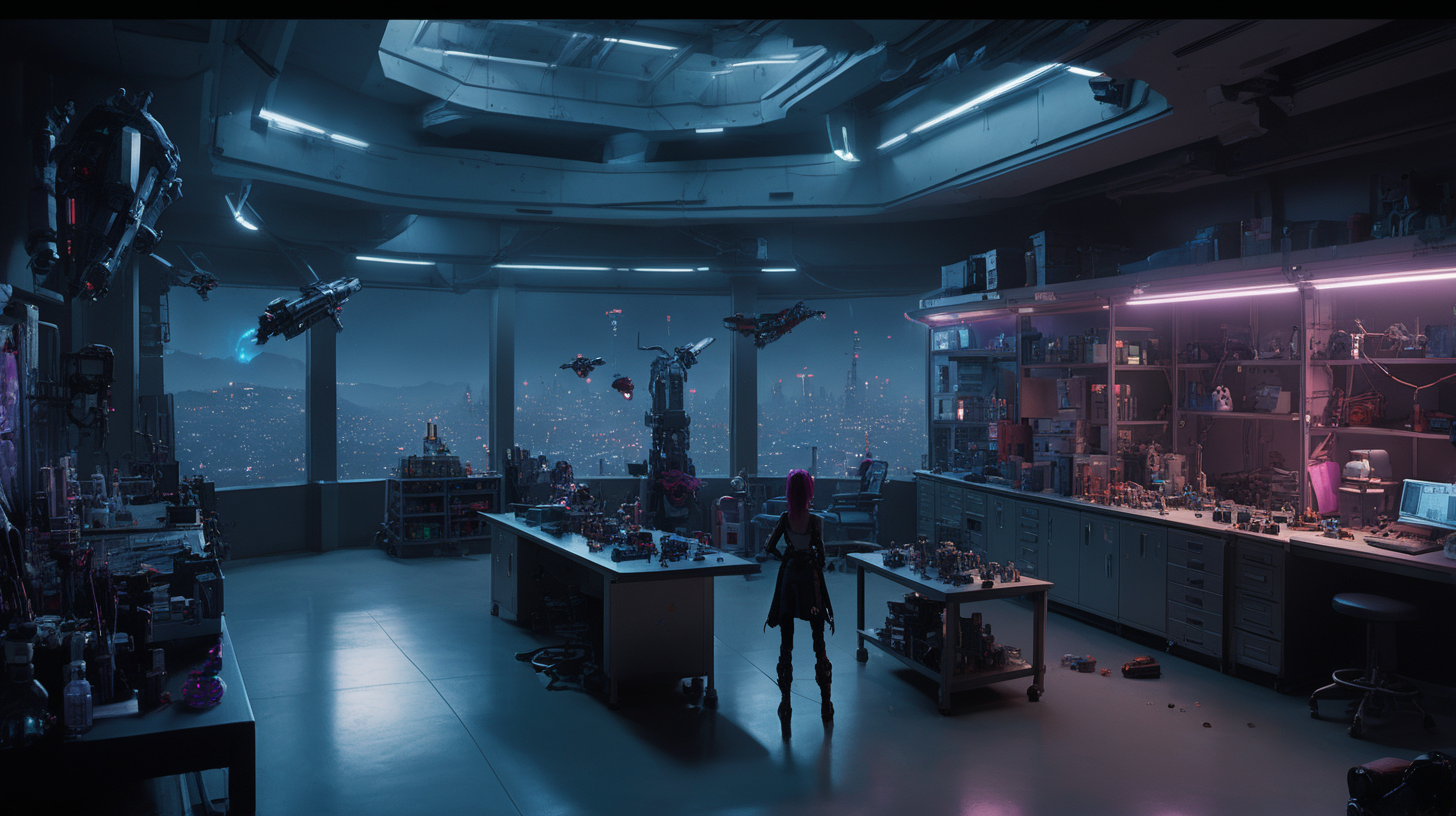 interior location of Arcane movie like VI and Jinx practice scene. Included Items, weapons and toys for jinx. There is a balcony overlooking the night city. There is a laboratory in the middle of the place. The ceiling of the place is high and spacious. There are also heavy weapons and missiles next to the place.