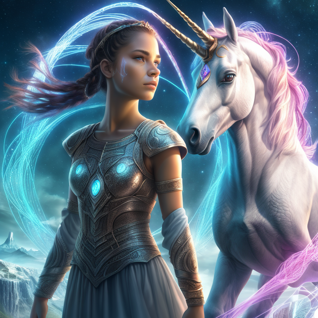 book cover design for a sci-fi story a young woman who can twist glowing threads of fate standing in a fantasy world with unicorn