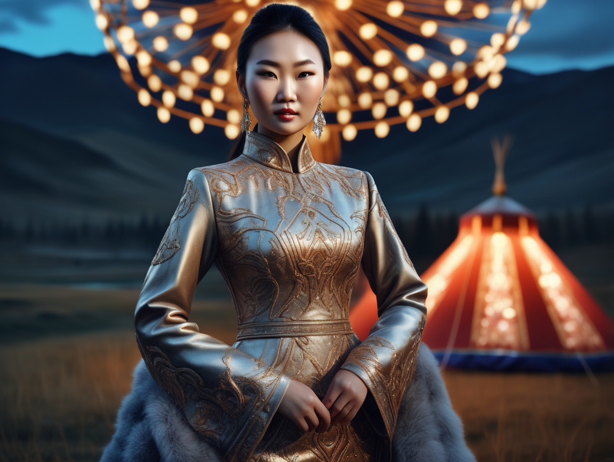 ultra realistic high texture realistic photo of A gorgeous mongolian woman wearing a detailed haute couture dress with lights, atumn, at an outdoor nature party
