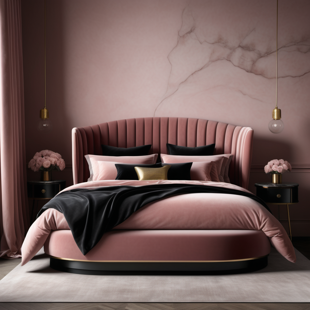 a hyperrealistic image of a velvet modern Parisian  bed with curved headboard  in dusty rose, black and brass 
