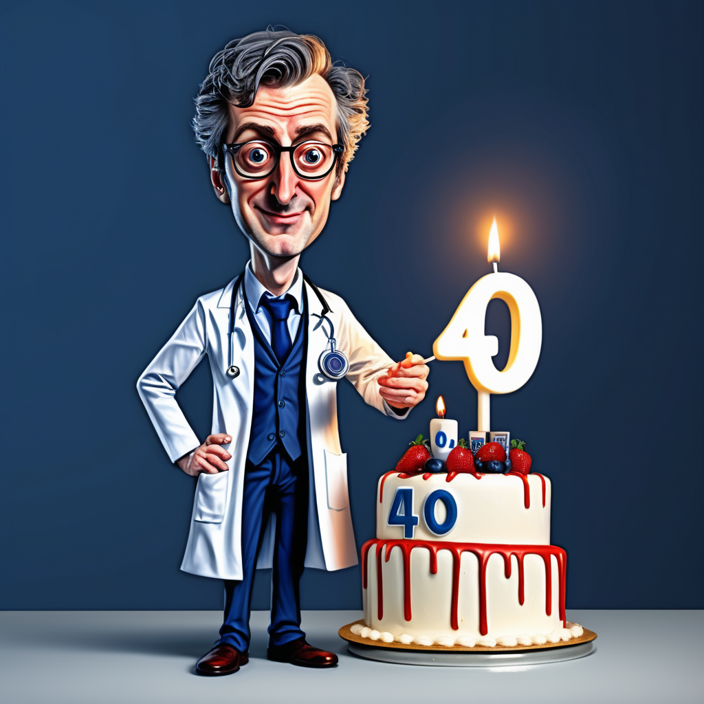 caricature with a doctor who works in a hospital and has a cake with a candle in the shape of the number 40