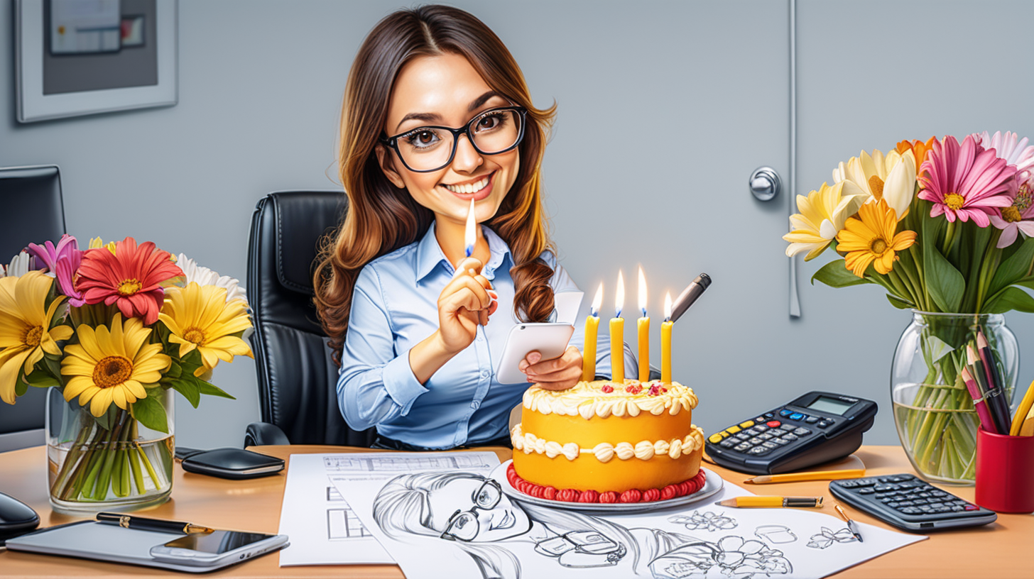 caricature  COLOR DRAW IN OLI 
 with a woman how work as an accountant at WIN EXPERT . iN OFFICE ARE many flowers and a cake with  a candle number 30 on it The girl should have a phone in her hand. T