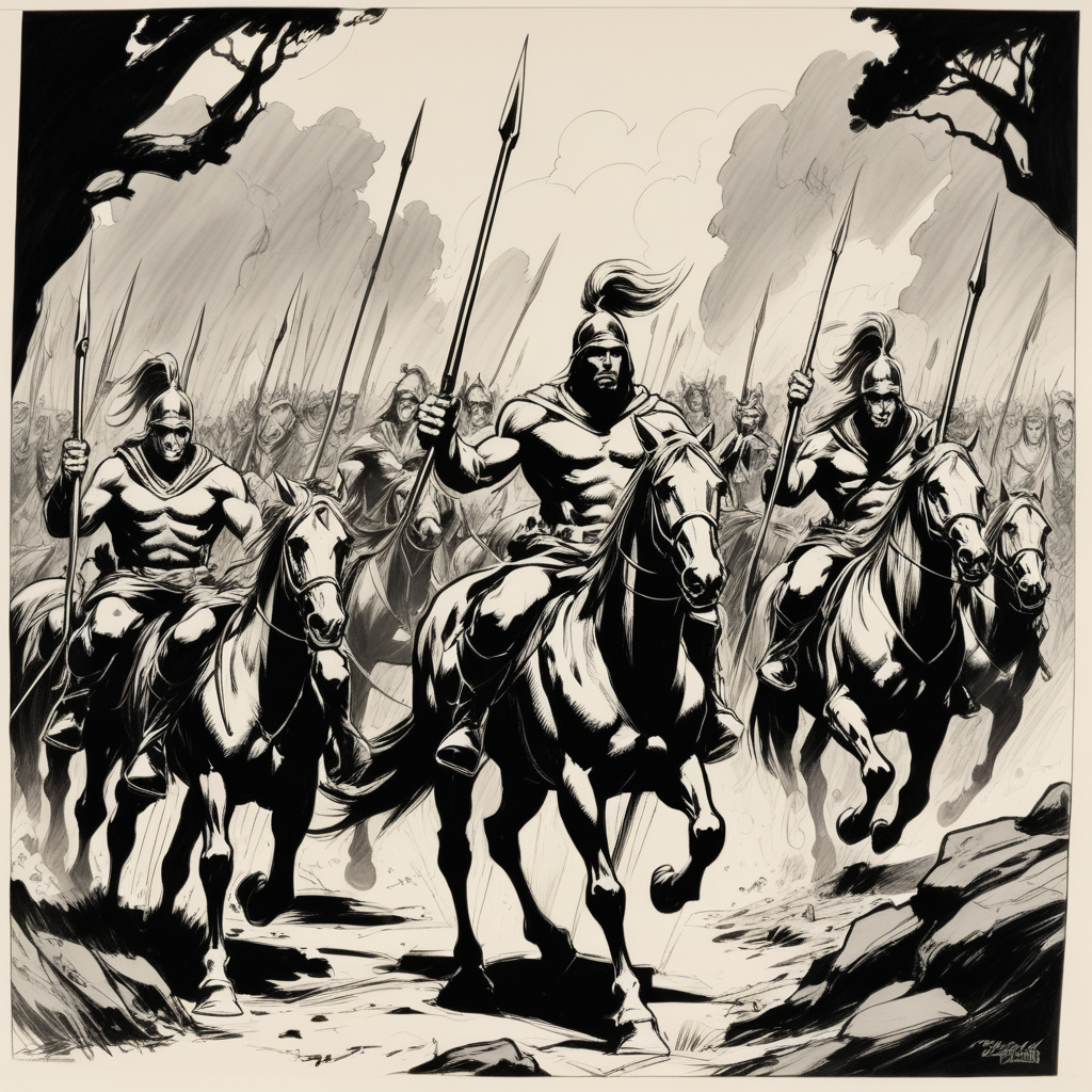 army with horses and men with spears marching
 art John buscema style ink 



