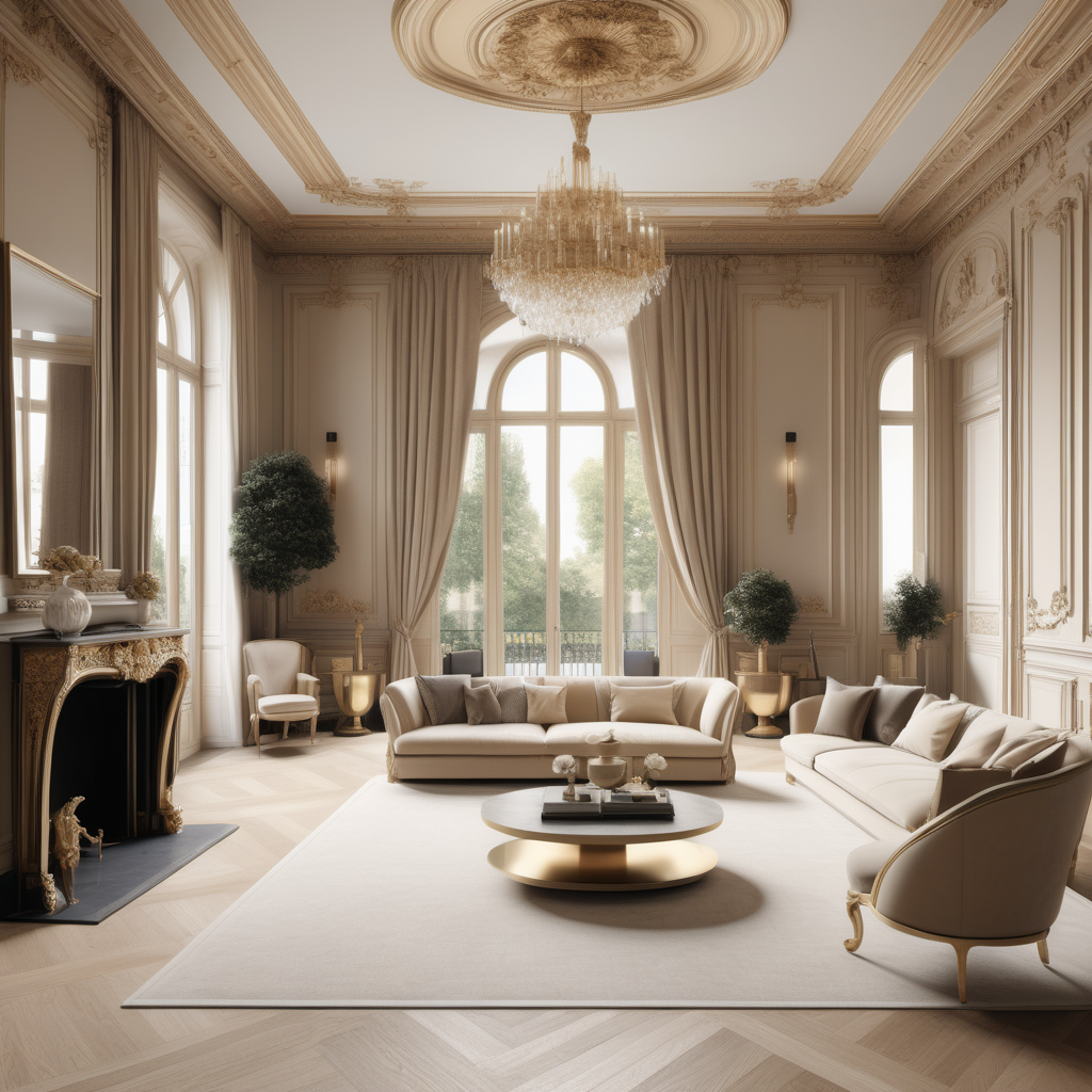 a hyperrealistic of a grand modern Parisian estate home in a beige oak brass colour palette
