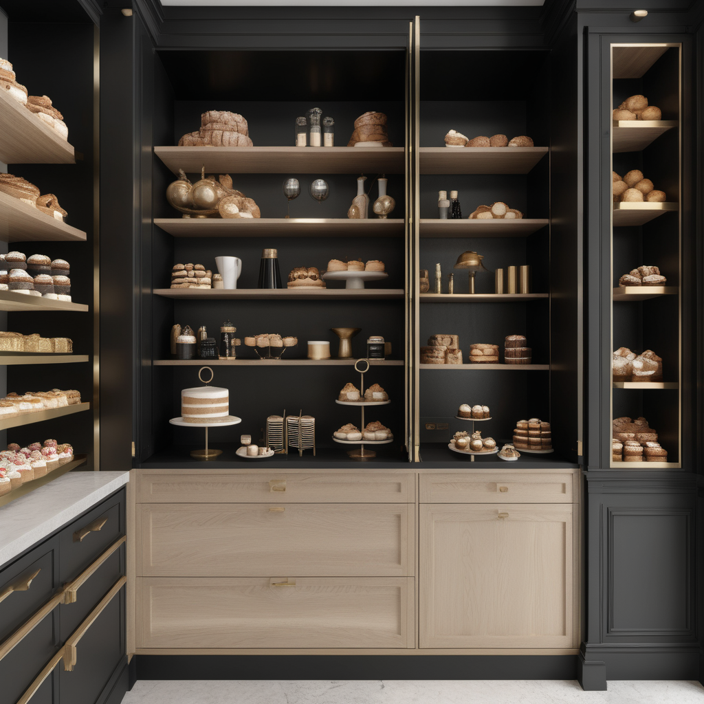 a hyperrealistic of a grand Modern Parisian butlers pantry in a beige oak brass and black colour palette with fresh cakes and pastries
