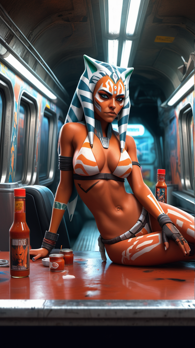 bikini Ahsoka Tano on a muscle car with hot sauce on a table in cyberpunk subway