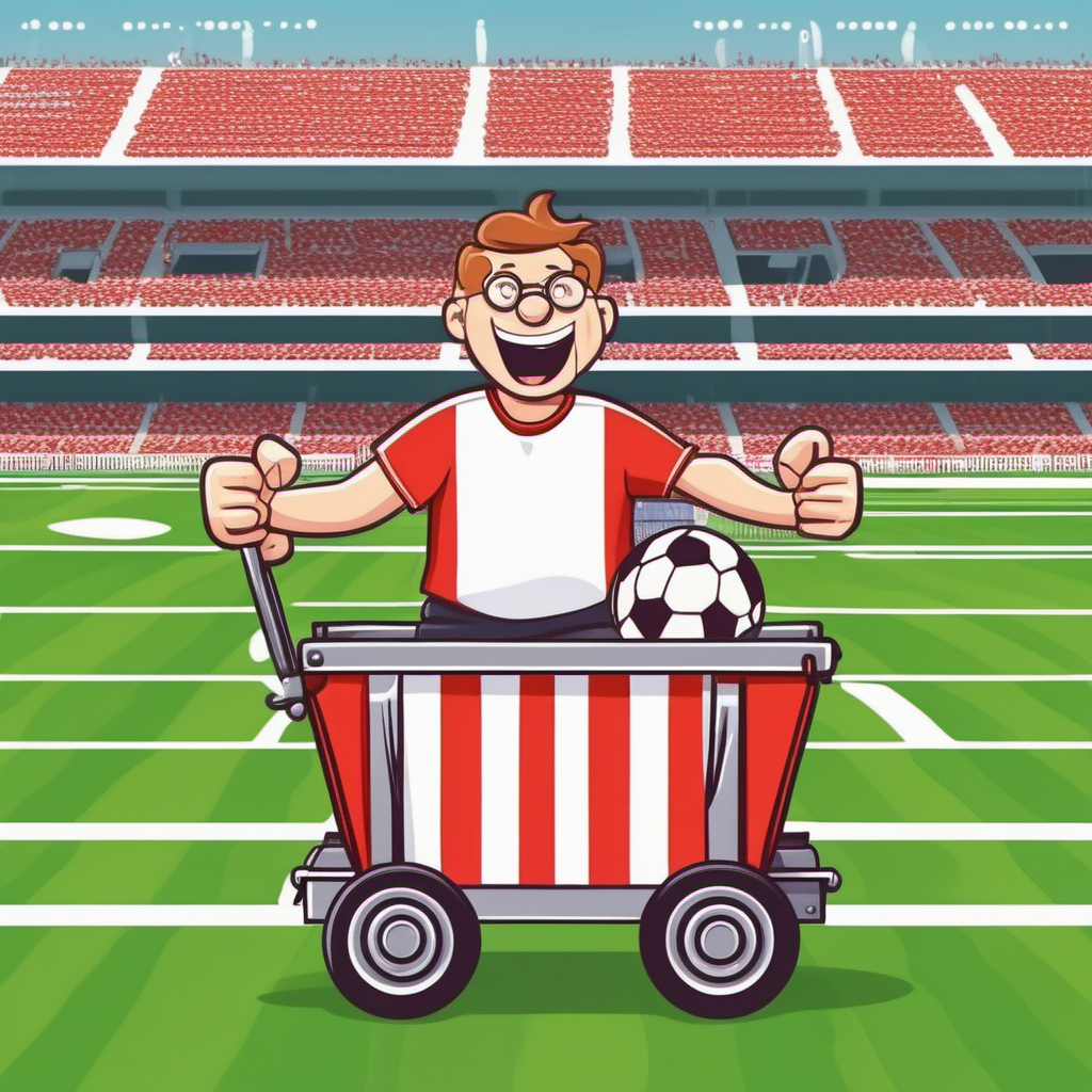 A football fan in a red and white stripd shirt celebrating the championship on a wagon with a flat cargo platform (cartoon style)