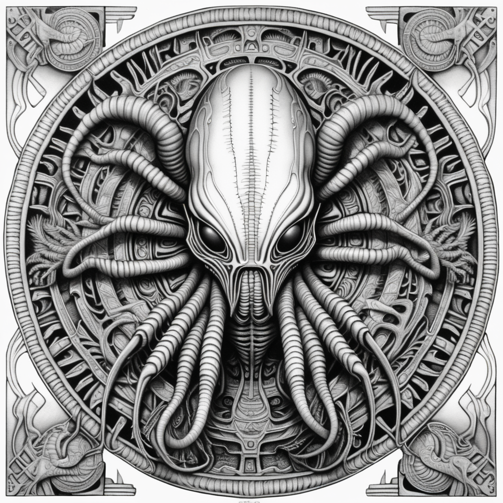 black & white, coloring page, high details, symmetrical mandala, strong lines, alien face hugger in style of H.R Giger