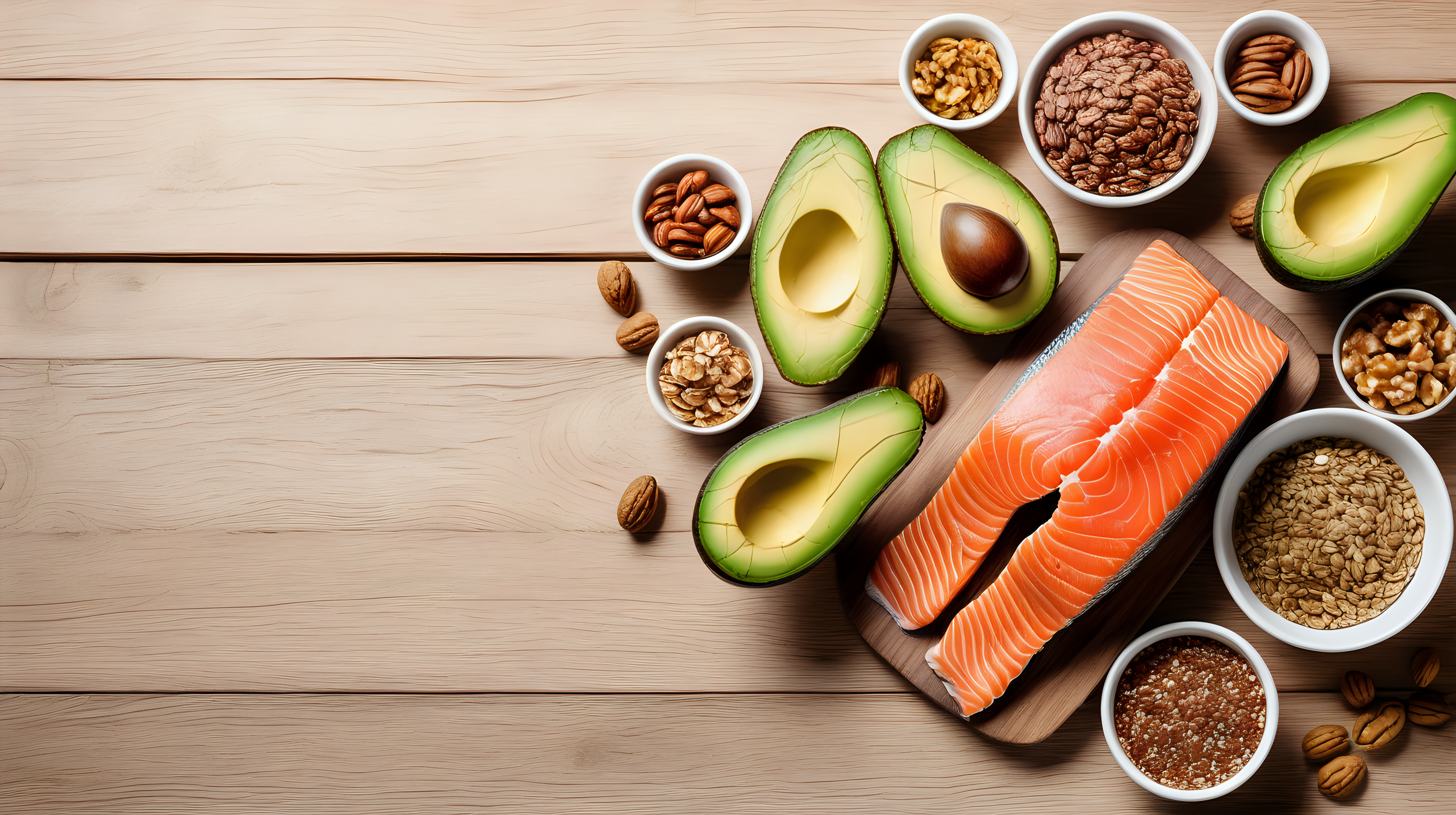 Sources of omega 3 fatty acids, flaxseeds, avocado, salmon and walnuts on wooden table, copy space