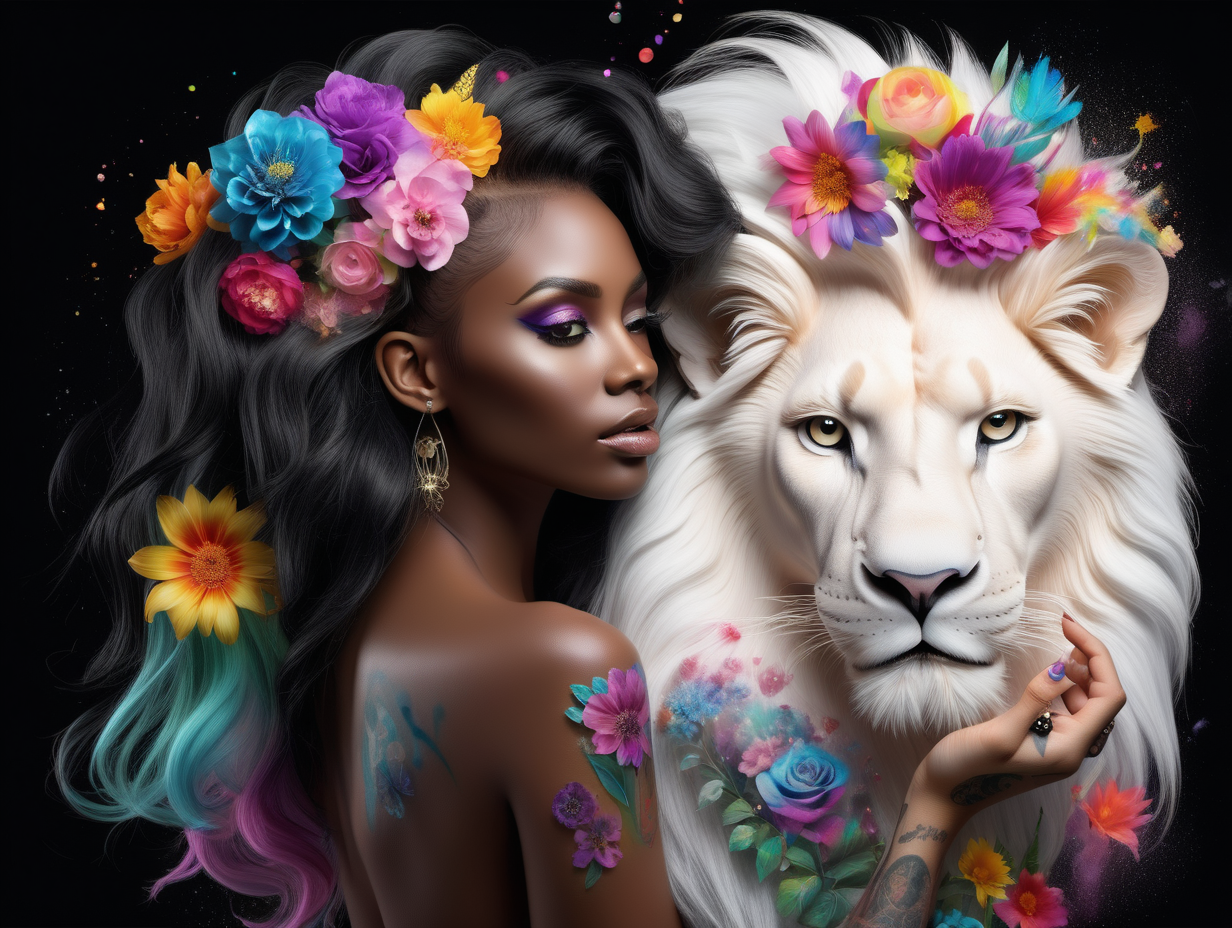abstract exotic black Model with soft colorful flowers the colors blend into her hair. 
add She is holding a toy top
she is looking at realistic white 
lion
Add more crystal bubbles floating in the air
add tattoos on her arms