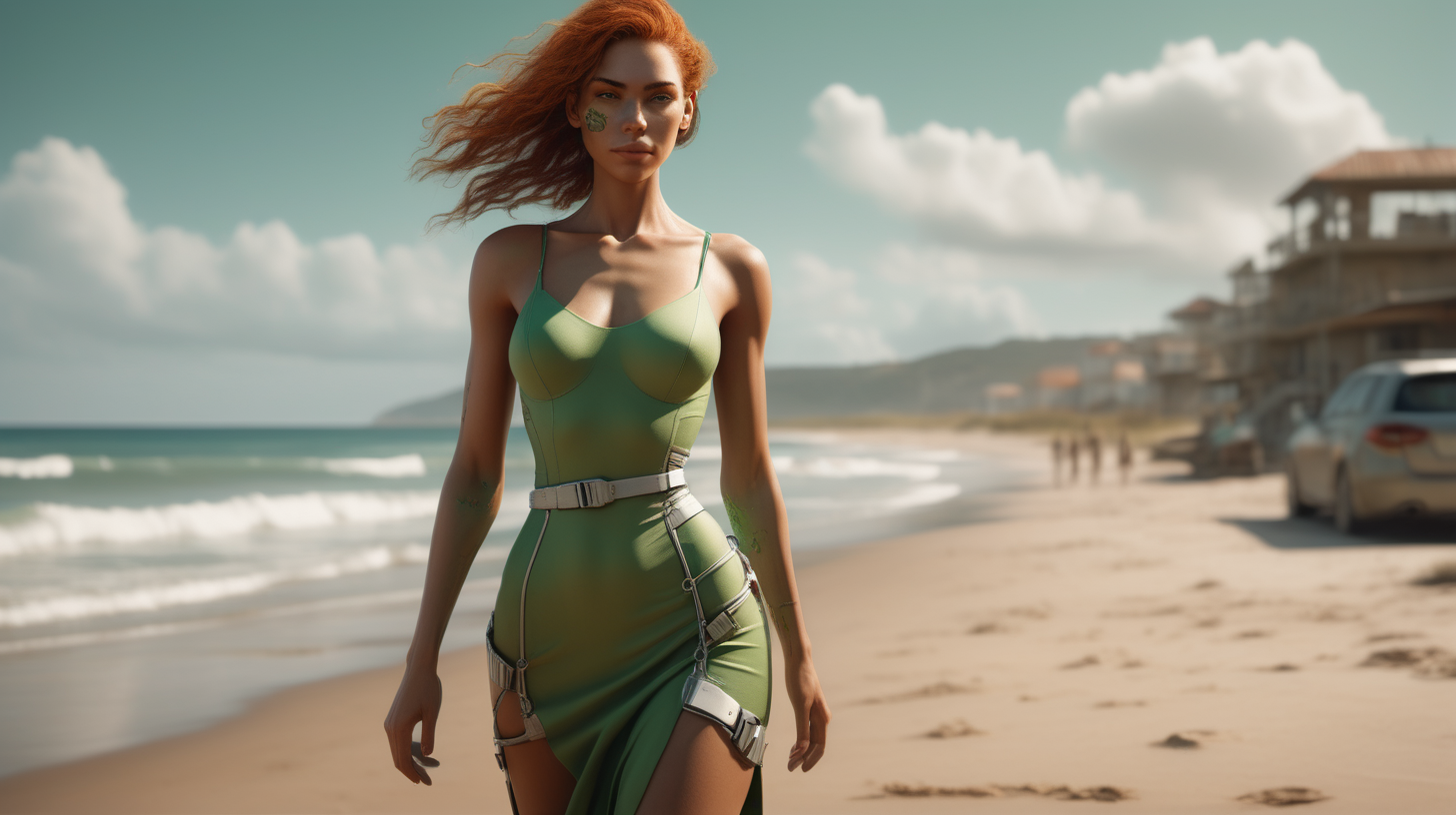 A woman cyborg in a delightful afternoon.
You can see the whole body, walking towards the camera, behind you can see the beach. She wears a green dress with thin fabric straps, which reveals the her mechanic body under the dress. Extremely realistic textures and warm colors give the final touch. Sharp focus and realistic shadows add to the scene. A perfect example of cinematic shot. Use muted colors to add to the scene