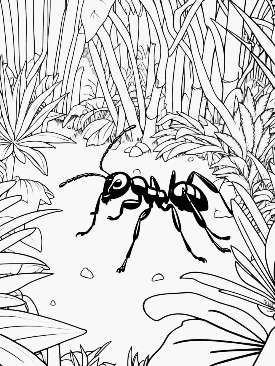 ant on the jungle floor, coloring page, low details, no colors, no shadows