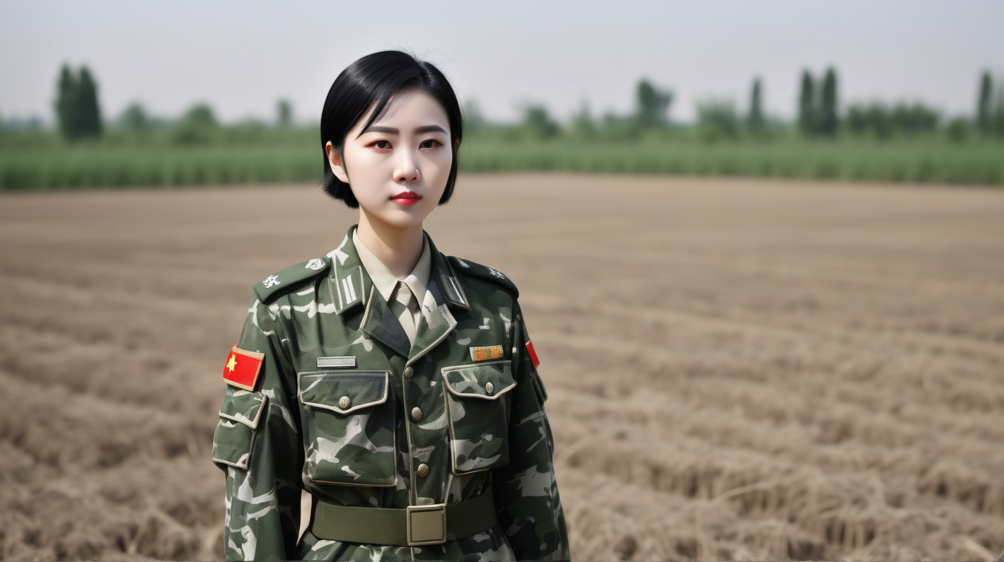 A Chinese female soldierYoung personBlack hairShort hairCamouflage uniformStanding