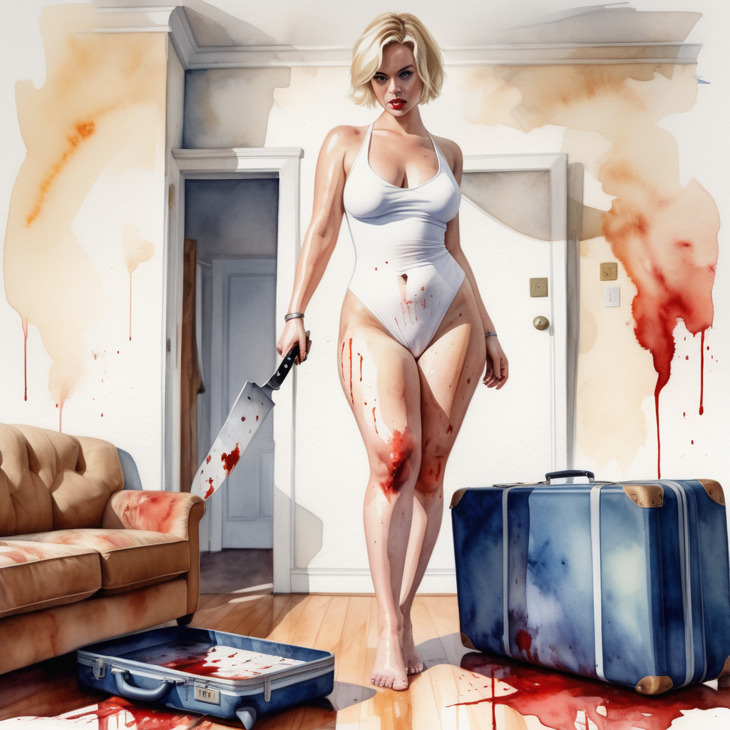 sexy curvy blonde woman, short hair, wide hips and big ass, wearing a white swimsuit, with a knife in her blood-stained hand, stepping on top of a large suitcase on the floor of a living room in a house, image based in watercolor paint.