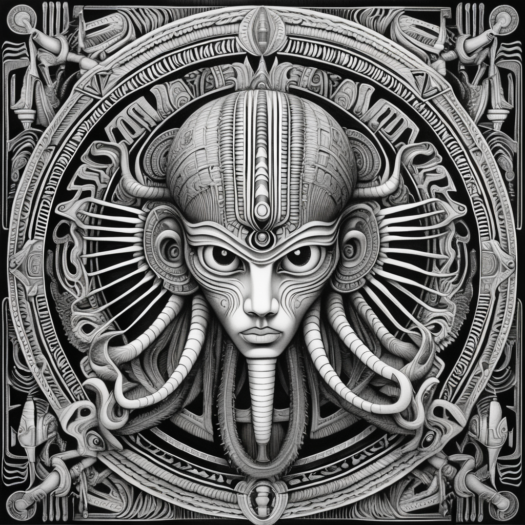 black & white, coloring page, high details, symmetrical mandala, strong lines, Egyptian god with many eyes in style of H.R Giger