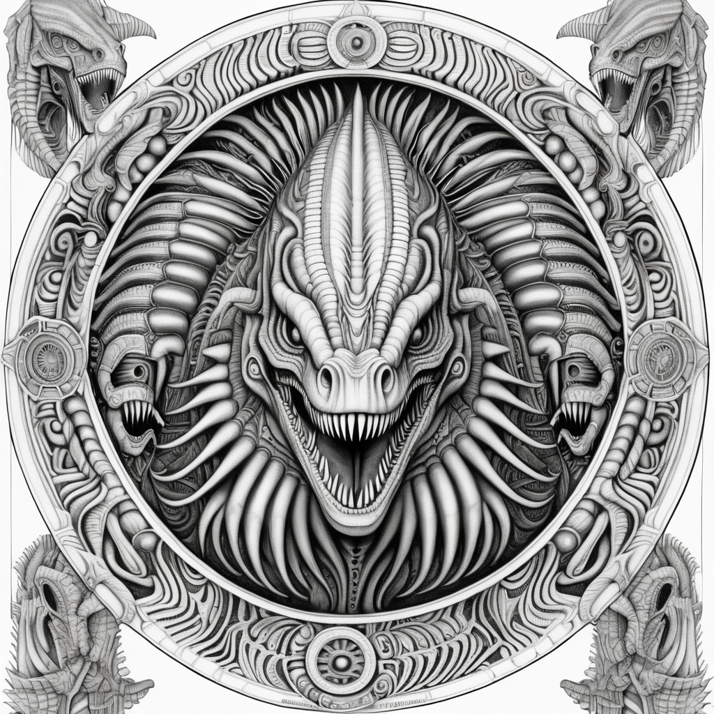 black & white, coloring page, high details, symmetrical mandala, strong lines, Spinosaurus with many eyes in style of H.R Giger