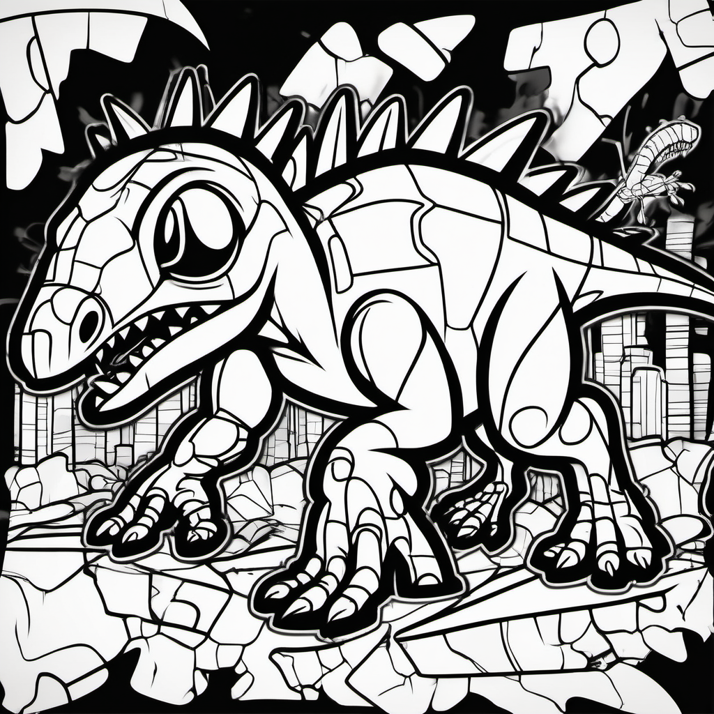 The word Dinosaur Ant in graffiti style, coloring pages, dark lines