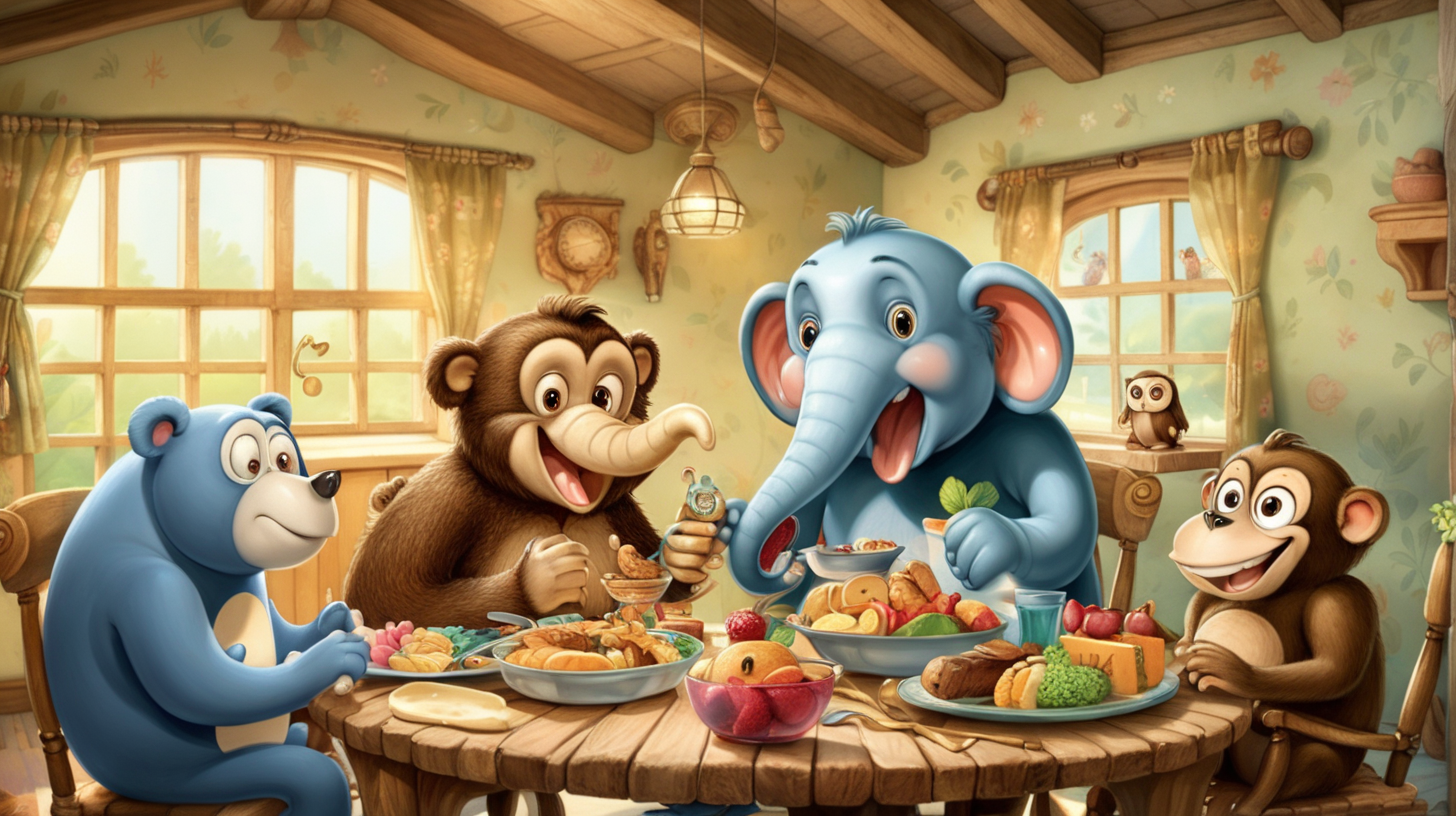 cartoon elephant, owl, bear and monkey happy in a house having food together