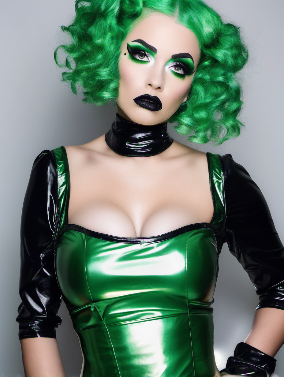 woman with green hair with huge lips and dark lipstick with heavy makeup wearing a shiny black and silver latex maid outfit with a vacant expression