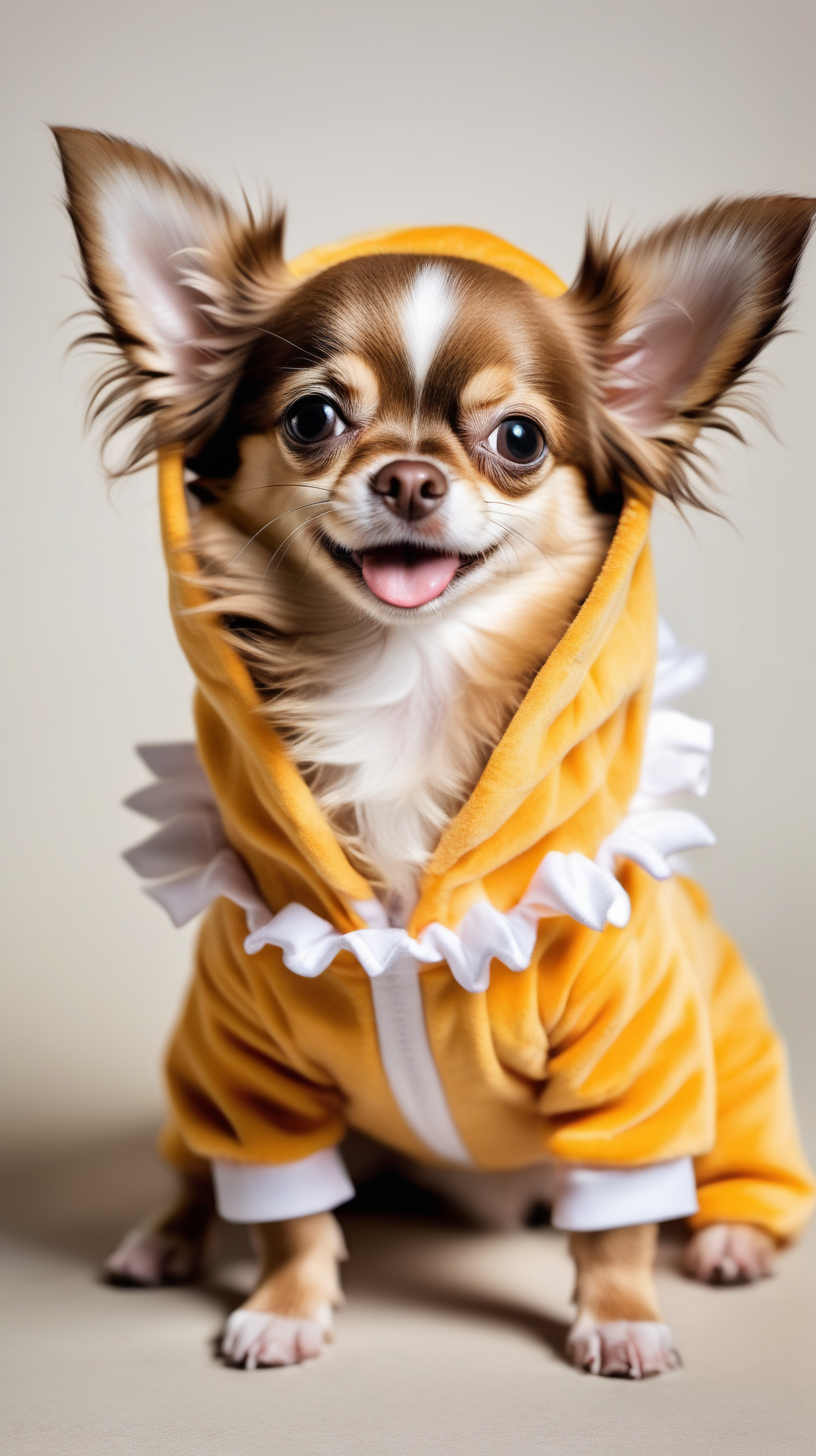 a high quality color portrait of a long haired chihuahua puppy dressed in a cute costume happily playing
