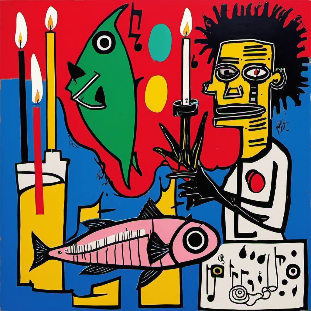 fish, candle, music, style of Jean-Michel Basquiat, background full of colour

