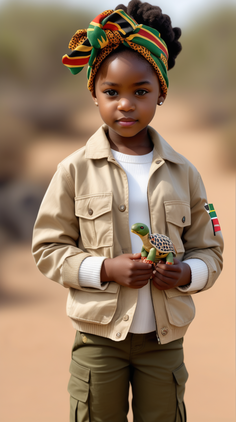A pretty, young little black girl wearing an African print head wrap, wearing a tan safari jacket, with one African flag patch on the center back, cream colored cable knit sweater, wearing army-green khakis, standing in Africa, holding a small, toy turtle, 4k, realism, high definition clarity, brilliance