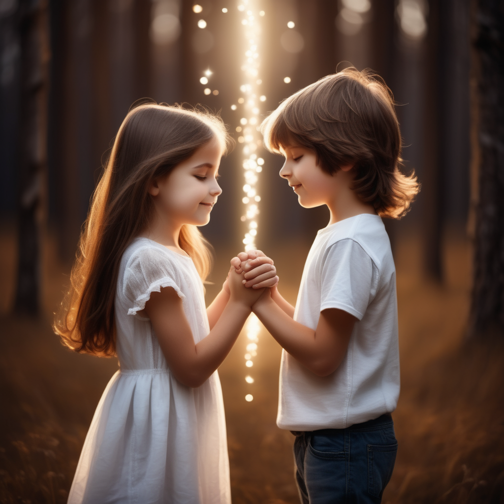 little 7 years old girl with long brown hair , holding hands with short brown hair boy, they closed their eyes and imagined a magical white light surrounding them



