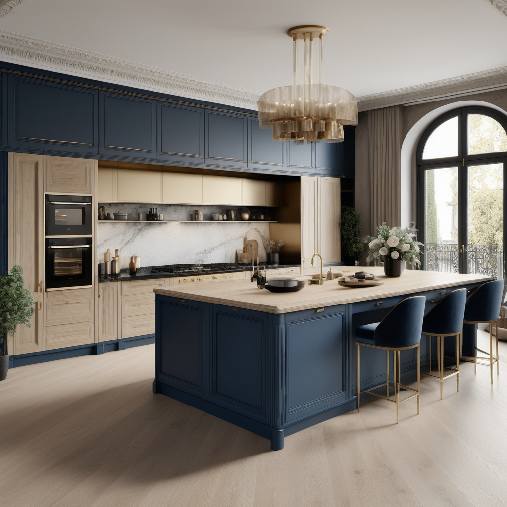 A hyperrealistic image of a luxurious, grand  modern Parisian kitchen with island in a beige oak brass colour palette with accents of black and muted blue