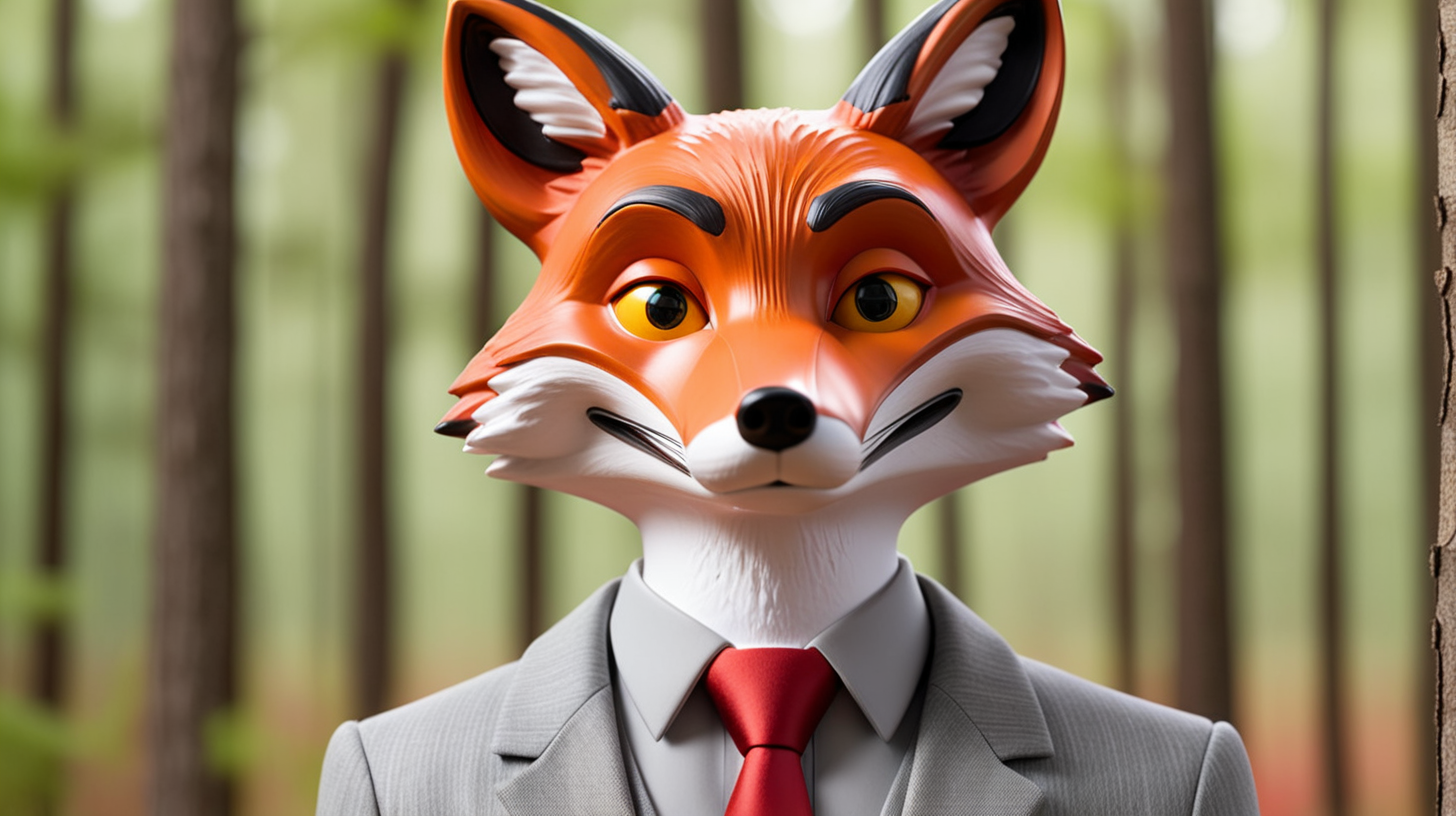 Depict a handsome fox gentleman wearing Grey suit and red neck tie. Zoom in on face. Background is the woods.